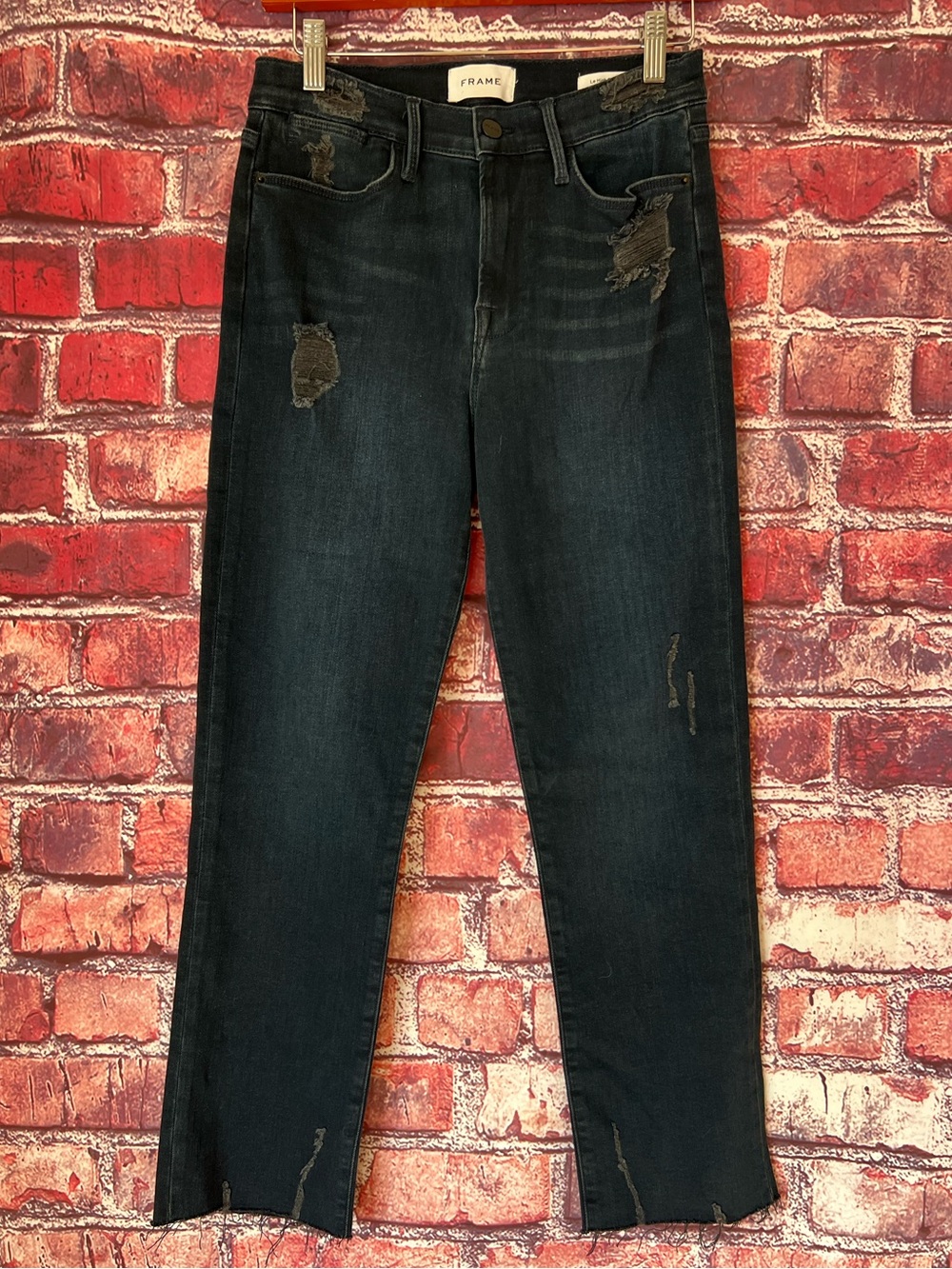 FRAME Le High Straight Jeans Seaway Rips Size 28 Dark Wash Distressed